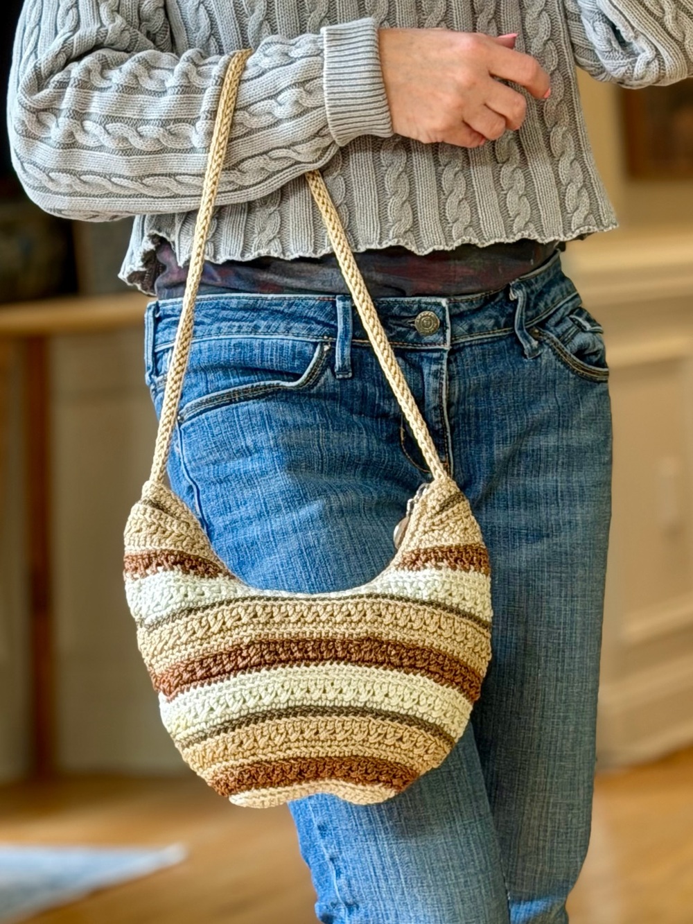 The Sak Boho Crochet Striped Hobo Shoulder Bag Neutral Multi EUC